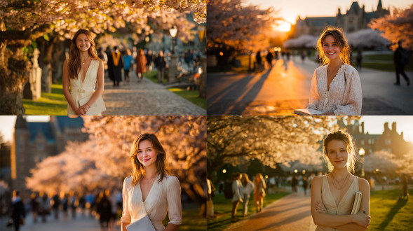 一位穿着轻盈白色连衣裙的女大学生，站在校园林荫道上，手持一本书，阳光以黄金时段暖光洒落，浅景深虚化背景的樱花树，85mm镜头捕捉她自信微笑的特写。