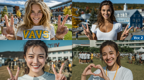 人像摄影，一位女大学生，身着白色圆领t恤，在校园操场，用手比着“v”字，背景有其他女学生、教学楼与树木，晴朗蓝天，人物比例，画面明亮清晰，呈现青春活力的校园军训场景。皮肤质感清晰，因锻炼而出汗，写实，中景，专业拍摄。32k超高清画质，超高细节精度。