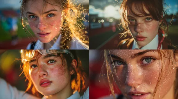 大学操场塑胶跑道场景，高马尾女生穿着校服搭配白色网球短裙，晨光斜射勾勒面部清晰的皮肤纹理，逆光拍摄发丝呈现琥珀色半透明效果，定焦镜头捕捉飞扬的碎发与空中凝固的汗珠，双色温补光板平衡面部阴影与高光，浅景深虚化背景保留看台红色座椅色块，高宽容度记录蓝天白云在护目镜曲面上的变形倒影，慢门摄影叠加跳跃轨迹光斑，添加跑道白线反光产生的星芒特效，柔焦处理晨雾中的金色光晕轮廓