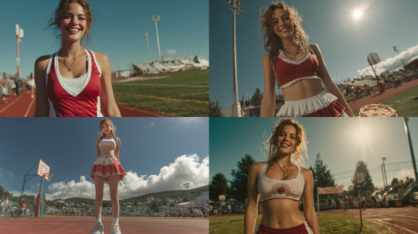 写实风格场景，中景操场跑道，一位身穿红白色运动裙装的年轻女大学生面向镜头站立，双手自然下垂，脸上带着灿烂笑容。背景是绿色草坪和红色跑道，远处有篮球架和观众看台，阳光明媚，天空湛蓝，整体氛围充满青春活力。高清8k照片，真实皮肤质感，自然光影效果，景深虚化背景，动态捕捉发丝飘动细节，商业摄影级画质