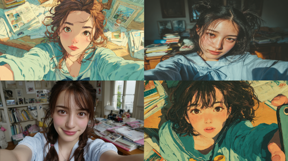 18岁女高中生，身穿浅蓝水手服，锁骨呈柔和弧形，肌肤透着自然粉白。右手举着手机自拍，肘部轻抵桌面，左手指尖无意识捻着水手服领口丝带。眼神微垂后抬眼看向镜头，眼尾带浅淡笑意却未完全舒展，显腼腆感，睫毛根根分明，鼻尖小巧，下唇轻抿。背景是堆着课本的课桌，午后阳光从侧窗斜射，在锁骨处形成浅光斑。