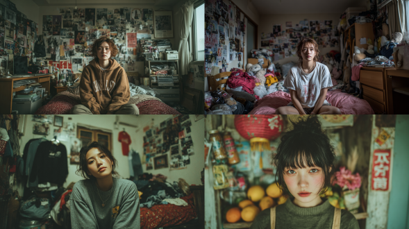 18岁女大学生在宿舍，标准完美瓜子脸，杂乱生活感的宿舍，随意构图和打光，随手乱拍的照片，极具生活感。毫无修图感，去除ai感，真实生活感。