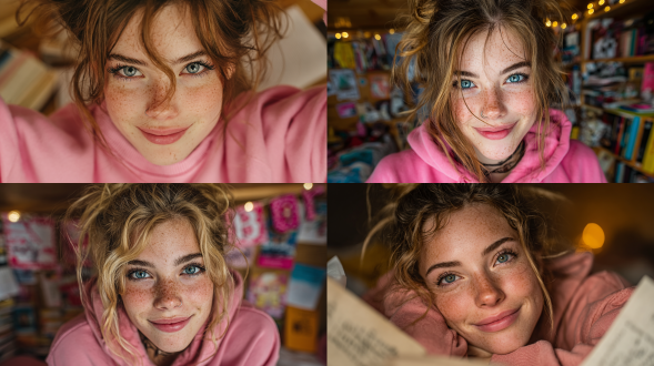 18岁女大学生在宿舍，俏皮可爱的表情，自然光，半身特写，散乱的书本，粉色卫衣，丸子头，明亮大眼睛，微笑露齿，背景虚化，浅景深，35mm镜头，高饱和度，柔焦效果，青春活力，温暖色调，轻松氛围，午后阳光，逆光拍摄，活泼生动