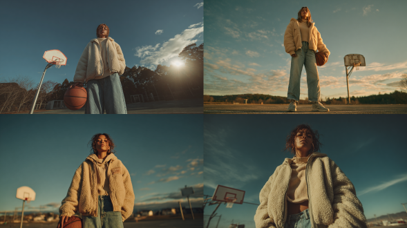 一个年轻女孩自信地站在篮球场上，一只胳膊下夹着篮球，从低角度微微抬头看向镜头，背景有篮球框和蓝天，电影化的日光，她穿着奶油色的夏尔巴夹克（带拉链）、浅米色高领毛衣、宽松的蓝色牛仔牛仔裤和灰色运动鞋，休闲舒适的穿搭，柔和的自然光，富士 x - t5 85mm f1.2，写实风格，简洁背景，干净构图，时尚摄影风格