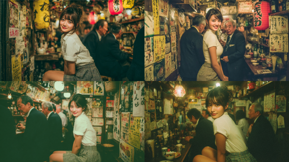 一位年轻美丽甜美微笑的亚洲女子，有着柔软的棕色头发，松散地扎成低马尾，带着柔和的修饰脸庞的刘海，侧身坐在一家狭小拥挤的日本居酒屋里的窄木吧凳上，转向镜头露出温和自然的微笑；身着白色衬衫和灰色格子高腰短裤；周围是穿着深色西装的中年和老年日本男子在她身旁轻声聊天；酒吧内部狭窄且灯光昏暗，墙壁上覆盖着旧手写菜单和复古海报，杂乱的架子上摆满了瓶子、陶瓷制品和小饰品；柔和温暖的钨丝灯光带有轻微烟雾，空气中弥漫着烤物和清酒的气味；真实的 candid 瞬间，亲密的社交氛围，怀旧的昭和时代日本夜生活氛围；舒适的环境钨丝灯光，低对比度，柔和的色调带有微妙的绿色色调，浅景深，胶片般的柔和感，轻微烟雾，怀旧的35毫米模拟照片，可见的细微胶片颗粒，真实的日本复古酒吧氛围， candid 肖像，风格类似于荒木经惟、本间贵史和王家卫，柯达portra 400胶片美学