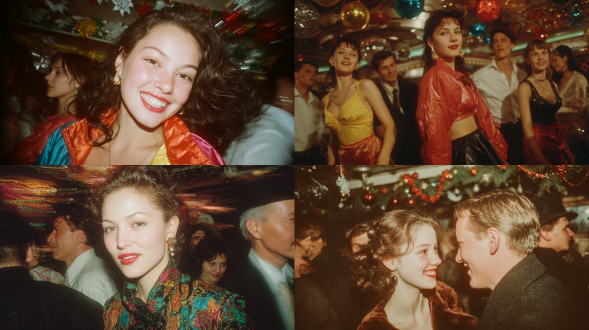 20世纪90年代早期俄罗斯小镇文化中心的新年迪斯科舞会。中景拍摄25 - 40岁成年人跳舞且微笑，捕捉运动中瞬间，有表现力又具优雅能量，无饮品。呈现真实90年代后苏联时尚，有彩色尼龙夹克、天鹅绒迷你裙、闪亮衬衫等，还有金耳环、蓬松卷发、红唇膏等元素。大厅装饰花环、金属箔、纸雪花等，灯光混合红蓝灯泡，有胶片质感、泛黄色调等，营造90年代俄罗斯怀旧时尚氛围，有趣动态还不低俗。