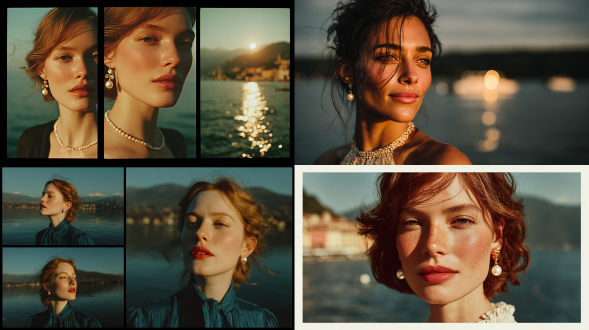 优雅时尚型录摄影系列， featuring一位肌肤如瓷、妆容自然的女性模特，身着简约白色珍珠耳钉，于宁静的意大利湖畔晨光中伫立，呈现电影感自然光线，带温暖高光，可见精致珠宝反光，用4种不同焦距和角度拍摄：①85mm镜头超特写聚焦耳环与领口，②50mm镜头中景展现上身及湖面背景反光，③35mm镜头广角捕捉其水边完整剪影及远处意大利山丘，④24mm镜头艺术低角度凸显天空与湖面光 flare，色彩分级连贯、色调柔和，构图简洁极简，融合精致斯堪的纳维亚现代美学与意大利优雅，呈2x2矩形布局，属时尚编辑型录展示、高端珠宝宣传摄影，高分辨率，营造电影般宁静氛围