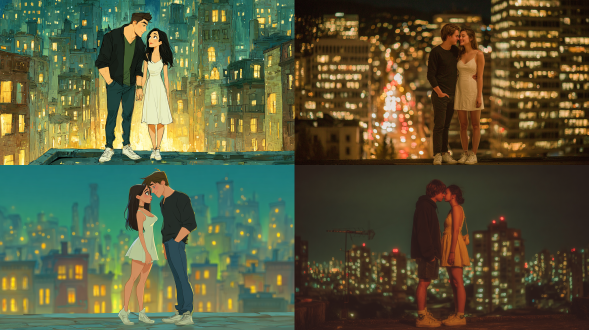 photo over-the-shoulder a young couple standing close together on a rooftop at night, with city buildings and glowing windows in the background. the man has short dark hair, black shirt, dark pants, and white sneakers. the woman has long dark hair, green eyes, and a white knee-length dress with white sneakers. romantic, intimate moment, soft city lights on their faces, realistic photo, natural light, sharp focus, shallow depth of field, realistic human proportions, looks like a real photograph, 35mm lens, warm tones, no cartoon or stylized elements