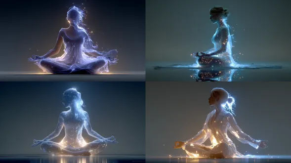 "莲花坐姿的女性全息图，发光白色光芒，星空背景，简约优雅风格，中性色调，柔和光线，高分辨率，细节纹理，对称构图，低角度拍摄，蓝灰色调，宁静氛围，未来科技感，全息投影效果，半透明材质，微光粒子，冷色调灯光，平衡光影，精细渲染。"