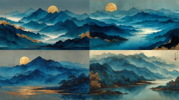 古代山水画，张大千风格，极简构图，山峦叠嶂，水面如镜，金色月亮高悬，金箔点缀，蓝色主调，4k高清，工笔细腻，留白意境，传统水墨，柔和光影，宁静氛围，淡雅色彩，远山近水，层次分明，古典韵味，细腻笔触，空灵缥缈。