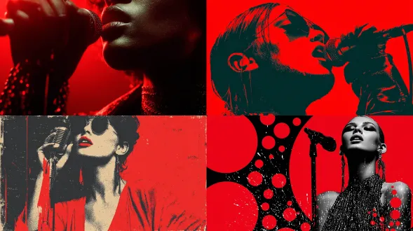 摇滚女郎手持立式麦克风，红色与黑色大色块对比，70年代复古风，迪斯科灯光，舞台中央，侧光，高饱和度，简约构图，动态姿势，自信表情，紧身服装，光泽材质，强烈阴影，颗粒感，怀旧海报风格，夸张动作，镜面反射，暗角效果。