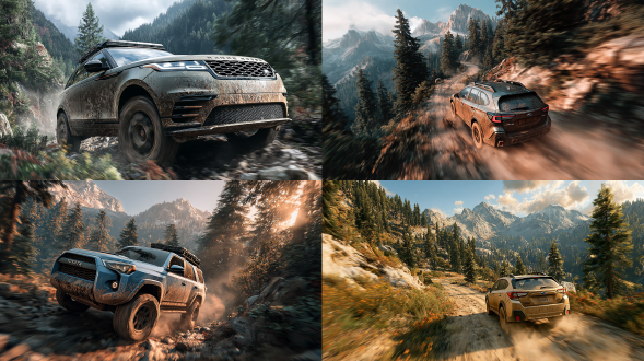 一辆强大的suv行驶在蜿蜒的山路上，周围是郁郁葱葱的森林和高耸的山峰，天空壮丽。阳光透过云层过滤，营造出电影般的光线，在汽车表面产生逼真的反射。当suv在崎岖的地形上疾驰时，轮胎后面扬起灰尘和碎石，展现出冒险和自由。超逼真，电影风格，高细节，8k，动态构图。