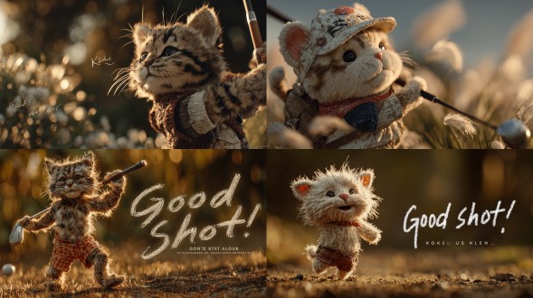 一张微笑可爱的猫咪高尔夫球手完美挥杆后的逼真照片，温暖的阳光，电影构图，在可爱的猫咪高尔夫球手挥杆旋转后的头顶上方，“打得好！”自然的布局，延迟墨水书写，电影灯光，浅景深，超现实，8k，50mm照片