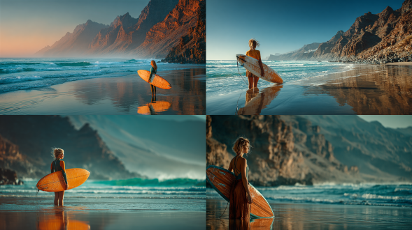 一张垂直视角的写实照片，画面中是一位年轻女子站在加那利群岛富埃特文图拉岛的海滩上，身旁放着一块冲浪板，她穿着时尚简约的现代潜水服，头发被微风轻轻吹起，温暖的晨光照亮了她和冲浪板，潮湿的沙滩上有柔和的倒影，背景是青绿色的大海和火山崖壁，这是一幅电影感十足的旅行摄影作品，色调自然温暖，氛围宁静又鼓舞人心，女子是画面的主要焦点。