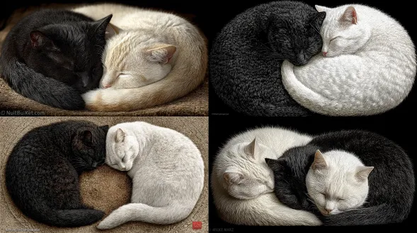 两只猫各自戴着伊丽莎白圈，蜷缩成“阴阳”的形状，它们上面是黑色的，下面是白色的，而且只有一条尾巴。这是一张高分辨率的写实照片，经过专业调色，有着柔和的阴影、低对比度，以及清晰锐利的焦点。