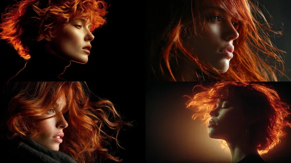 一个模特的头发在她头部周围飘动，她的头发是火红色的，十分美丽。发型修剪成了现代风格。她处于逆光状态，身处一个黑暗的房间里，只有她的头发泛着红光。照片细节丰富，分辨率高，属于高端时尚摄影。