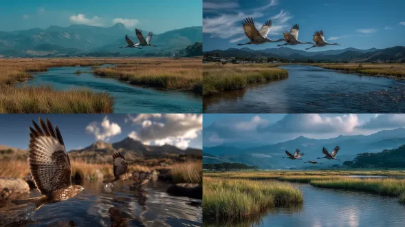 "逼真，蓝天，三只鸟儿自由飞翔，溪流汇入湖泊，广角镜头，高动态范围，自然光，清澈水面倒影，层次感丰富，青绿色调，宁静氛围，微风轻拂，羽毛细节清晰，动态捕捉，远景山脉，云层层次，生态和谐，阳光柔和，水面波纹，低角度拍摄，生态摄影，高分辨率。"