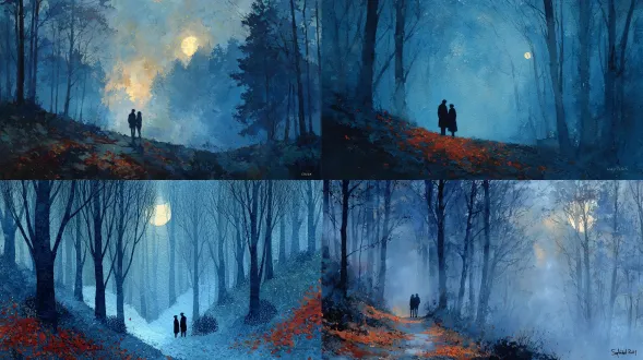 水彩画民间艺术，致敬《暮光之城》。暮色中的雾林里，一对情侣紧靠着站立，苍白的肌肤在月光下闪烁。画面以深蓝和银色为主调，零星的落叶间渗出淡淡的猩红。