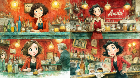 水彩画民间艺术，致敬《天使爱美丽》。温馨的巴黎咖啡馆场景，暖金色灯光映照在红色的墙面上，一个短发的年轻女子微笑着，在焦糖布丁上举着勺子。