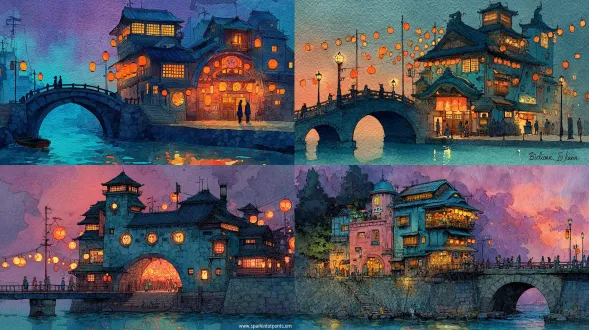 水彩画民间艺术，致敬《千与千寻》。紫色暮空下的热闹浴场，橙色灯笼闪烁着光，一位小女孩在桥上与面具精灵一起望着河水流淌