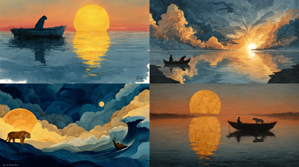 水彩画民间艺术，致敬《少年派的奇幻漂流》。黄金色的海面上，夕阳下的小船随波漂流，老虎凝望着地平线，平静的海水完美映照着天空