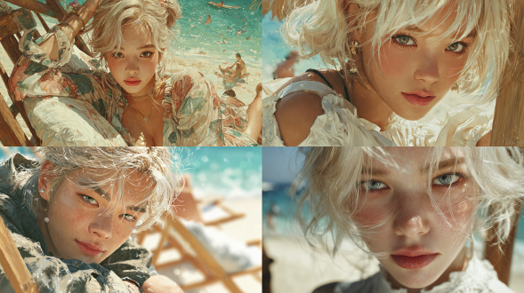 超写实风格。一位拥有k-pop偶像颜值的成年韩国美女，留着带有柔和挑染的短款铂金色头发，面部轮廓优雅精致。她斜靠在海边的木质沙滩躺椅上，身着时尚现代的夏季服饰，面料质感柔软。阳光在她光泽细腻的肌肤上折射，微风轻拂着她的发丝，背景是阵阵海浪，金色沙滩在阳光下熠熠生辉。整体呈现电影级写实感，重点突出清晰锐利的面部细节与逼真的面料质感，兼具时尚杂志大片风格与梦幻夏日氛围，传递出放松、艺术化的高级时尚杂志美学。