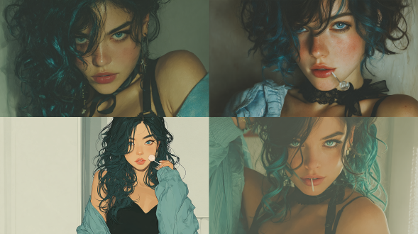 超写实风格。一位年轻希腊美女，留着带有青绿色挑染的深色蓝色长卷发，眼眸是闪亮的蓝色。她在光线柔和的现代房间内优雅摆姿，身着带精致肩带的时尚黑色服饰，肩头随意搭着一件浅蓝色外套。她手持棒棒糖靠近唇边，眼神俏皮又自信。在电影感室内灯光的映衬下，肌肤散发柔和光泽，细微的高光效果营造出温暖氛围。画面着重呈现清晰锐利的面部细节与优雅体态，整体为电影级写实风格，传递出迷人魅力、俏皮光彩与私密优雅的氛围。