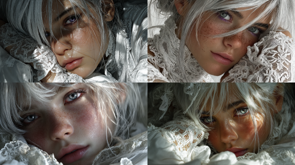 超写实风格。一位年轻北欧美女，银色长发轻柔飘逸，眼眸是迷人的紫色，双颊泛着淡淡红晕。她在光线柔和的月光房间内优雅静卧，身着带有蕾丝细节与精致质感的华丽白色服饰。月光在她肌肤上形成细微反光，一只手轻轻遮在脸侧，双唇微张，神情温柔又梦幻。月光透过窗户洒入室内，营造出电影级氛围，画面重点突出清晰的面部细节、极致细腻的五官与逼真的光泽肌肤，传递出柔弱美感、浪漫静谧与电影级优雅的氛围。