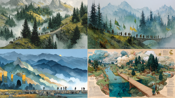水彩画民间艺术，致敬《指环王》。远处是雾气缭绕的群山，一队旅人穿过狭窄的石桥，翠绿与金色的旗帜在风中飘扬。