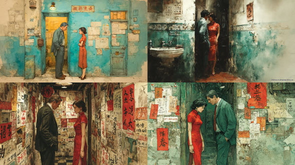 水彩画民间艺术，致敬《花样年华》。昏暗的走廊里，六十年代香港的旗袍花纹与壁面交融，一男一女默默擦肩而过。