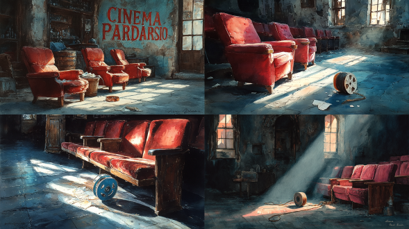水彩画民间艺术，致敬《天堂电影院》。怀旧的空电影院，布满灰尘的红色天鹅绒座椅，高窗透入的阳光斜射在地板上，一卷打开的电影胶片散落在地面。