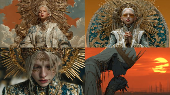 美丽的女太阳女神，白色的头发和金色的皇冠，从它散发出长长的金色光芒。她穿着一套象牙色和蓝色的闪亮缎子做的衣服。她的手有长而锋利的金属手指，她的眼睛有金属镜片。背景是带有金色色调的橙色天空，具有逼真的电影风格