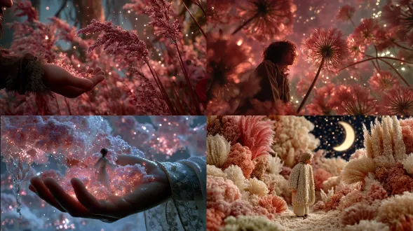 一个手掌的极端特写，拿着一个微型的梦境，一个没有翅膀的小女孩，穿着浅色的丝绸长袍，站在闪烁的草地花朵的框架下，比周围的环境更高更亮。上面，星座在玫瑰色的夜空中闪烁，发光的蝴蝶编织着温暖的粉红色和品红色的光。薄雾卷在手上，渐渐变成梦幻般的彩云，女孩的脸被温柔的玫瑰色月光照亮。创建使用：微距镜头特写，天文摄影曝光，电影hdr渲染，照片般的纹理，超现实主义的氛围，柔和的色彩分级，超精细的细节