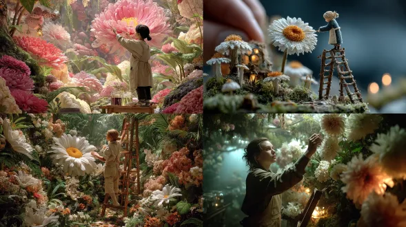 微观世界，神奇的郁郁葱葱的花园，充满了许多非常巨大的花朵和茂密的绿色植物，一个非常小的女人站在梯子上，向一个巨大的雏菊伸出手，穿着米黄色的围裙，扎着马尾辫，周围是充满活力的，超大的植物和盛开的花朵，梦幻般的晨光，童话般的氛围，超细节，微距摄影，电影，魔幻现实主义