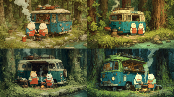 吉卜力工作室风格，小溪边老式巴士露营车，两只白色可爱动物烤肉，高大树木背景，童话氛围，柔和光线，温暖色调，广角镜头，自然光，炊烟袅袅，细节丰富，宁静祥和，森林环境，角色穿着围裙，开心表情，手绘质感，绿色为主，温馨场景