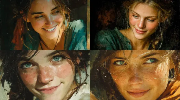 portrait of a woman softly smiling, natural lighting, expressive eyes, cinematic tone, painterly brushwork