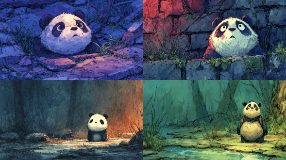 anime illustration of an anxious little panda looking around a destroyed forest, soft lighting, watercolor effects. ai generated created with midjourney.