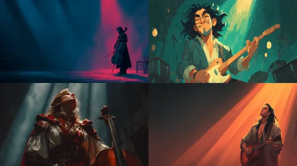 a modern medieval musician stands proudly on stage, long hair flowing, confident smile, spotlight glow, cinematic illustration