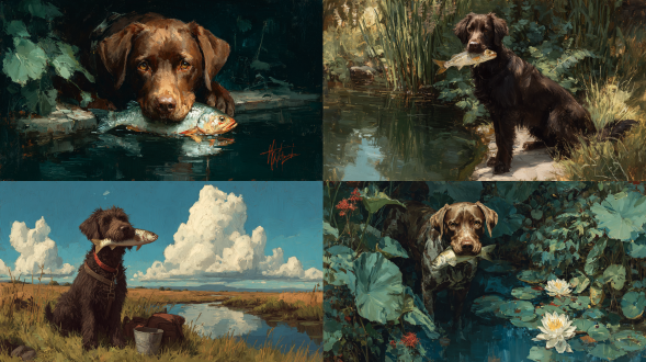 a contemporary oil painting of a proud brown dog holding a fish in his mouth by a small pond, whimsical and painterly