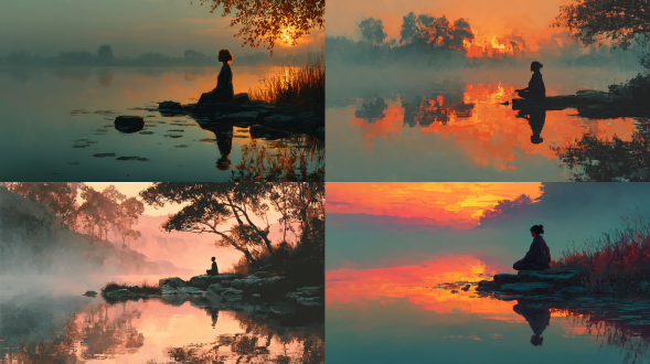 a woman meditating beside a still lake at sunrise, soft mist, ethereal lighting, watercolor style
