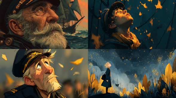 a sailor gazing toward the horizon, longing expression, wistful illustration, golden elements, dusky light