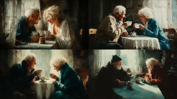 an elderly couple sharing tea, small smiles of gratitude, soft sunlight through lace curtains, realism