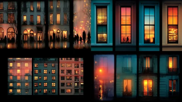 近景拍摄四个窗户，静态镜头，奇特形状，米色或白色外墙，多个窗户闪烁发光，有粉色、洋红、暖橙色、黄色和冷蓝色调，每个窗户平滑发光，展现日常生活的片段，有人的移动剪影，地点是巴黎、香港或纽约，有家具和活动，浪漫氛围，柔和色调，米色实心墙，模糊运动，闪烁灯光，对称构图，锐利细节，超写实摄影，长焦镜头拍摄，城市氛围