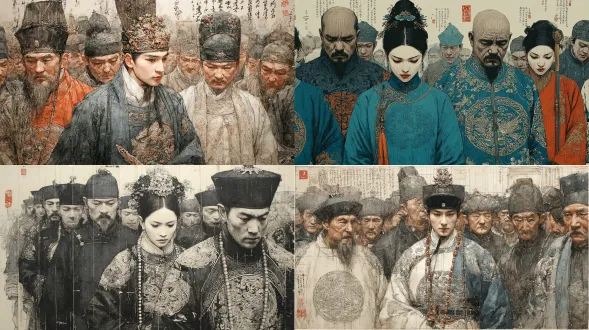 中式传统水墨画风格。画面中心是一位梳着高髻、神情冷峻的东方女子，手持装饰华丽的长剑，侧身立于人群中。她周围是身着明清官服（绣有补子、云纹等传统纹样）的朝臣，从背影可见。背景能看到古建筑屋檐。整幅画用淡墨营造阴郁简约的氛围，线条细腻紧张，兼具历史厚重感与叙事性。