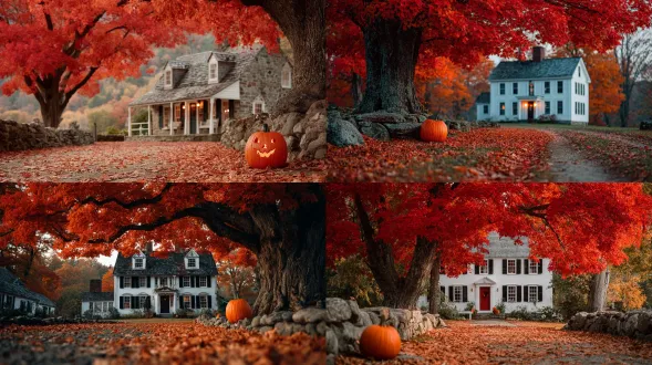一棵美丽的枫树，树叶鲜红，旁有南瓜灯；背景是一座新英格兰老农舍。前方散落着橙棕色落叶，营造出朦胧、具电影感且充满秋意的氛围。这张获奖照片登于《国家地理》杂志，以技艺精湛摄影师的风格捕捉万圣节精髓。unsplash