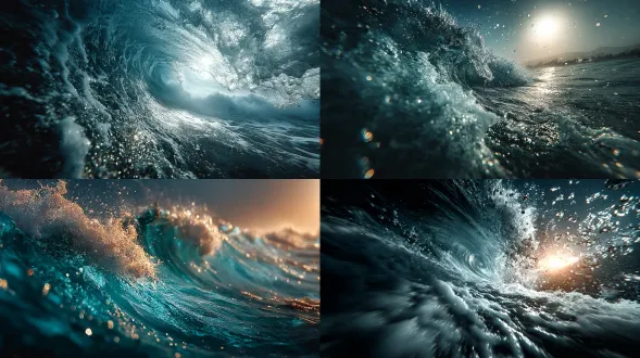 "海洋深处，波浪破碎瞬间，水下视角，巨大透明浪卷，阳光穿透水面，蓝色渐变色调，动态模糊，广角镜头，气泡与飞溅水滴，深邃神秘感，冷色调与金色光线对比，流动的纹理，高速快门，震撼力量感。"