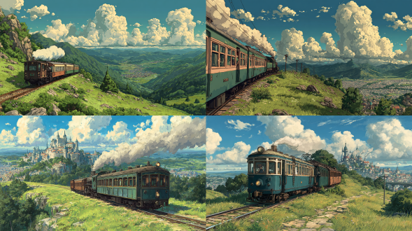 吉卜力风格火车行驶在绿色丘陵间，温馨怀旧，蒸汽火车头喷出白色烟雾，车厢色彩柔和，远处有童话般的小镇，蓝天白云，柔和光线，微距与远景结合，细腻手绘质感，温暖色调，宁静愉悦，宫崎骏动画风格。