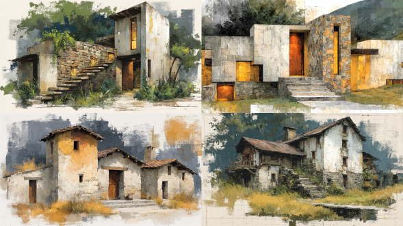 拼贴风格渲染，竞赛风格渲染，油画质感，侘寂风格，自建房屋，简约古朴，野性奢华，自然，庭院