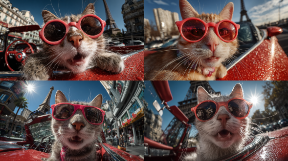 红色跑车上的猫戴红色镜框太阳镜自拍，鱼眼镜头夸张变形，埃菲尔铁塔背景，现代都市，高饱和度色彩，强对比度，广角畸变，低角度拍摄，侧光，反光太阳镜，猫咪咧嘴笑，金属质感车身，动态构图，巴黎街景，时尚感，幽默风格，阳光明媚，清晰细节。