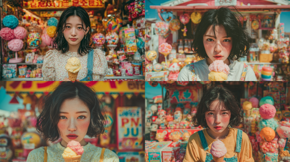 a modern japanese woman in her 20s with shoulder-length natural black hair and soft makeup, wearing a casual short-sleeved blouse and denim jeans, eating a classic vanilla ice cream cone, standing in front of a colorful retro-style candy store, soft daylight, realistic photography, shallow depth of field